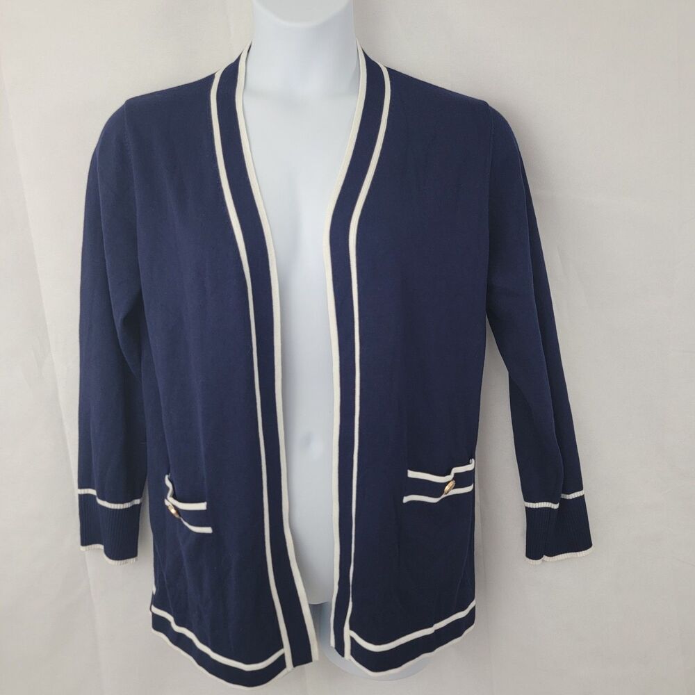 ESSENTIALS Milano Womens Sz Med Cardigan BLUE Tennis Preppy Old Money Nautical